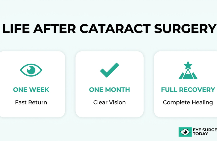 Life after cataract surgery showing vision improvement timeline from one week recovery to one month clarity and full healing