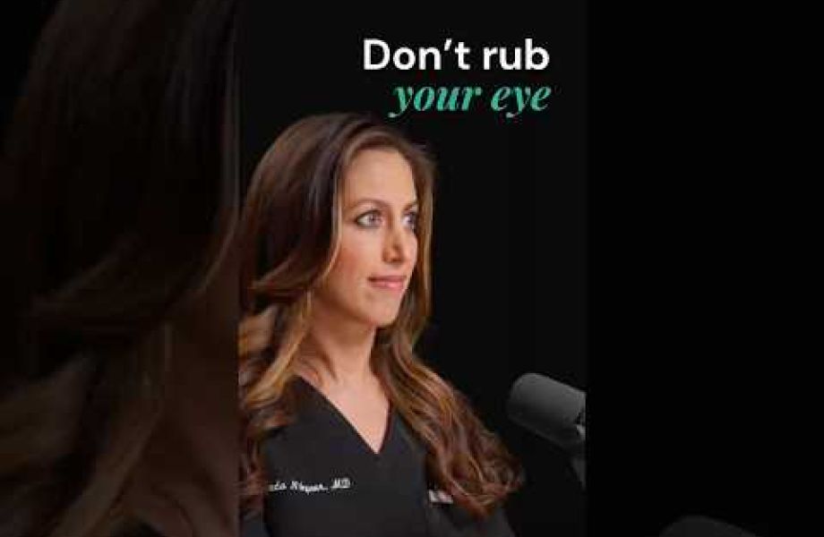 Female ophthalmologist explaining why you shouldn't rub your eye after cataract surgery