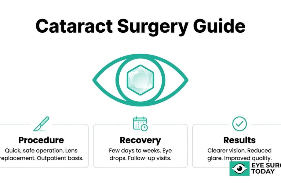 Cataract surgery guide graphic showing procedure, recovery, and expected results after lens replacement.