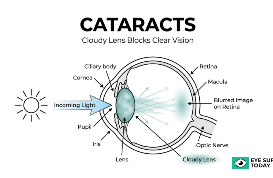 Cataract eye diagram showing cloudy lens blocking incoming light and causing blurred image on retina with labeled eye anatomy