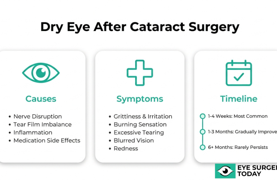 Overview of dry eye after cataract surgery including causes, symptoms, and recovery timeline