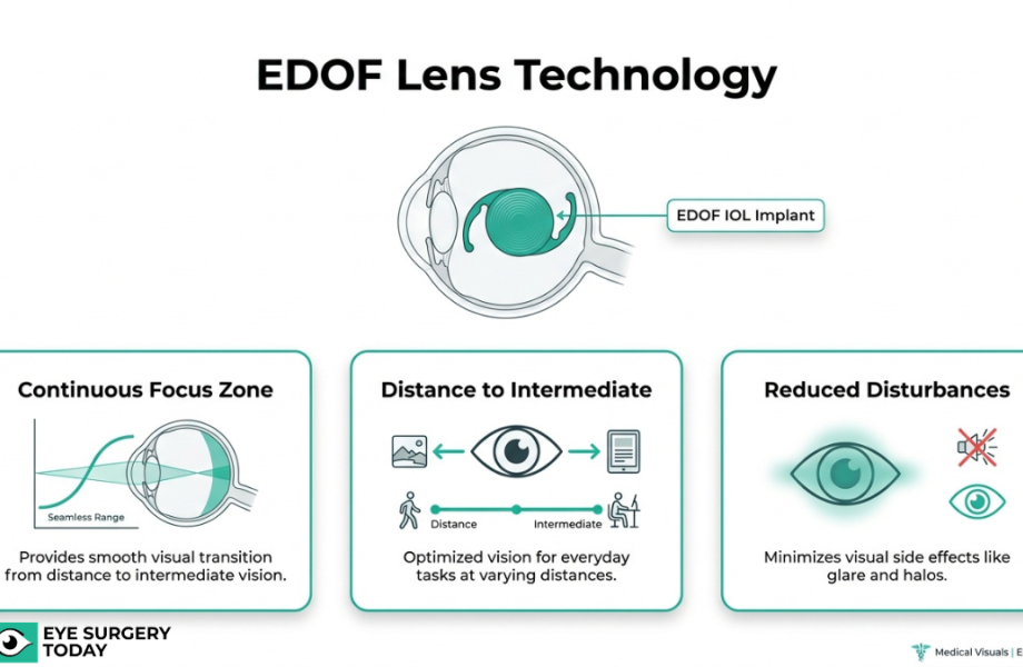 EDOF lens technology illustration showing continuous focus zone, distance to intermediate vision optimization, and reduced glare and halos.