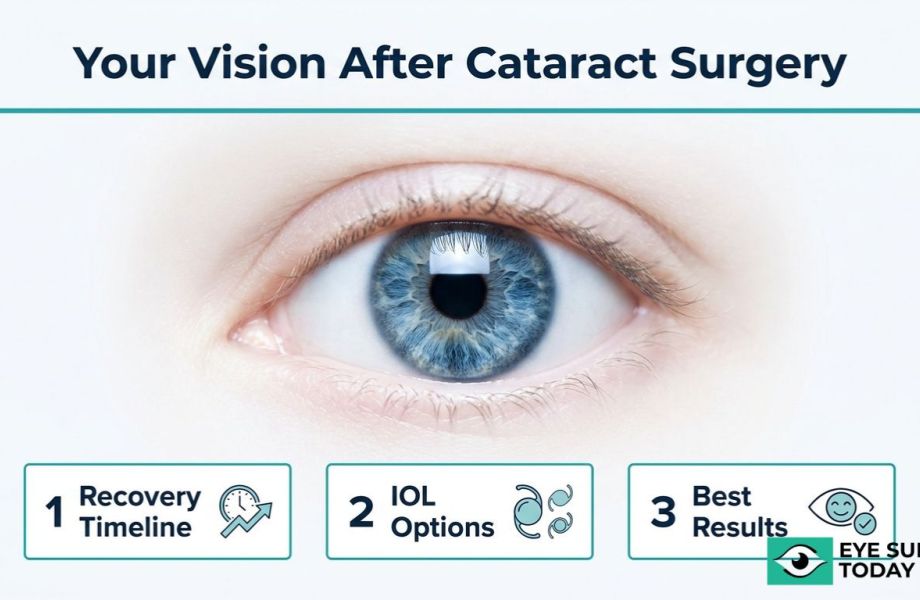 Cataract surgery vision recovery graphic showing recovery timeline, IOL options, and best results after surgery.