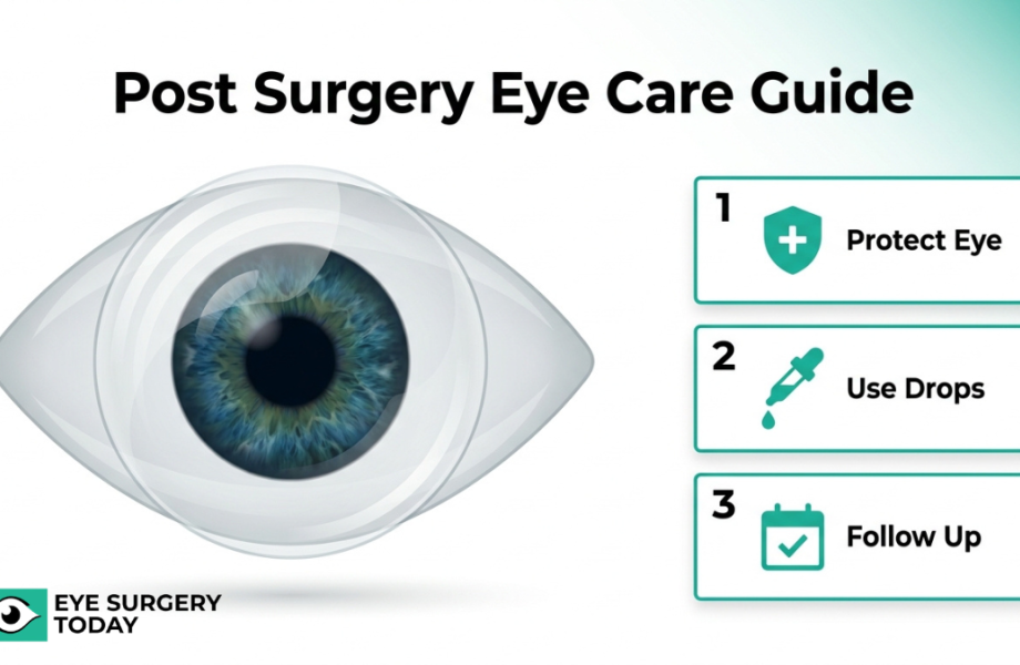 Post cataract surgery care guide showing key steps to protect the eye, use drops, and attend follow-up visits