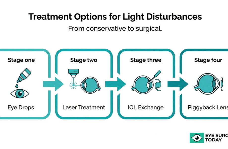 Treatment options for post cataract surgery light disturbances including eye drops, laser treatment, IOL exchange, and piggyback lens procedures
