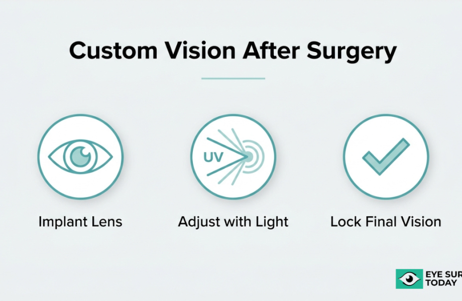Custom vision process after cataract surgery using light adjustable lens with implantation, light adjustments, and final vision lock-in