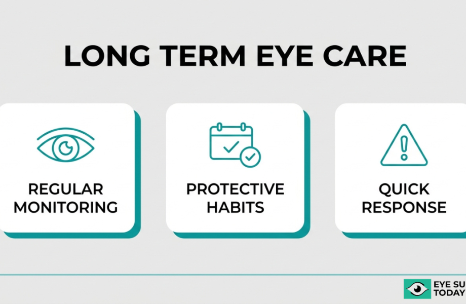 Long-term eye care after cataract surgery focusing on monitoring, protective habits, and quick response to symptoms