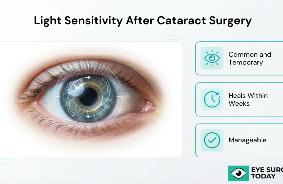 Close-up eye illustration showing light sensitivity after cataract surgery with key points that it is common, temporary, and manageable.