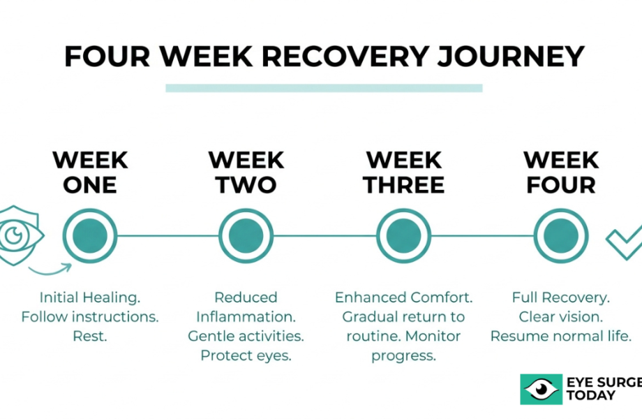 Four week cataract surgery recovery timeline showing healing progress from initial rest to full recovery and clear vision