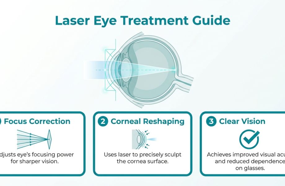 Laser eye treatment diagram showing focus correction, corneal reshaping, and improved vision with reduced dependence on glasses.