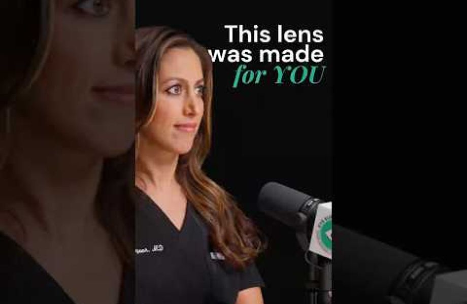 Female ophthalmologist explaining light-adjustable lens options for cataract patients