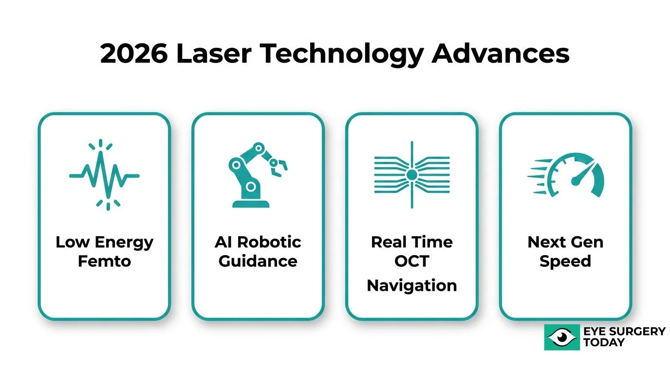 2026 laser eye surgery technology advances including low-energy femtosecond lasers, AI robotic guidance, real-time OCT navigation, and next-generation speed.