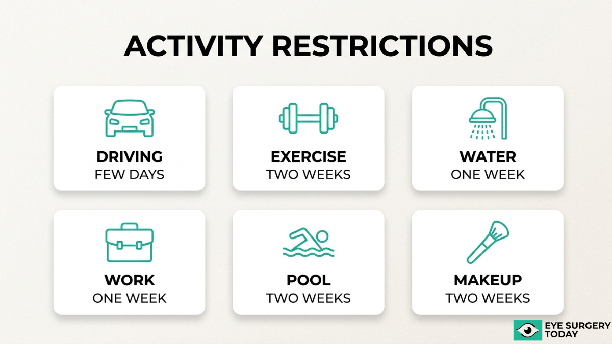 Post cataract surgery activity restrictions including limits on driving, exercise, water exposure, work, swimming, and makeup use
