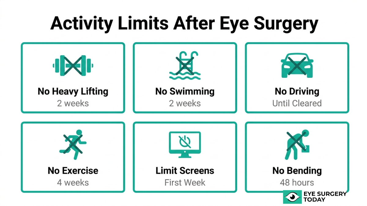 Post cataract surgery activity restrictions including no lifting, swimming, driving, exercise, or bending