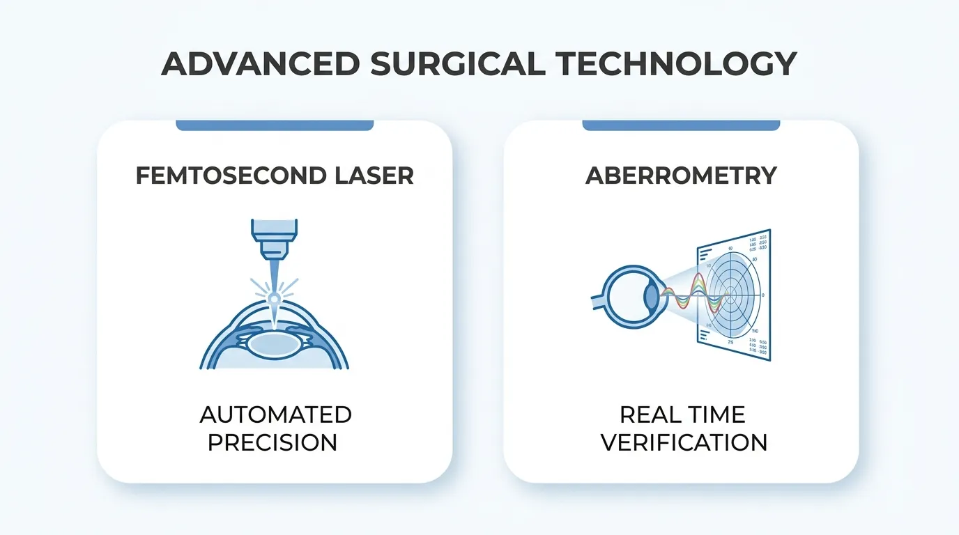 Advanced cataract surgery technology featuring femtosecond laser for automated precision and aberrometry for real-time verification.