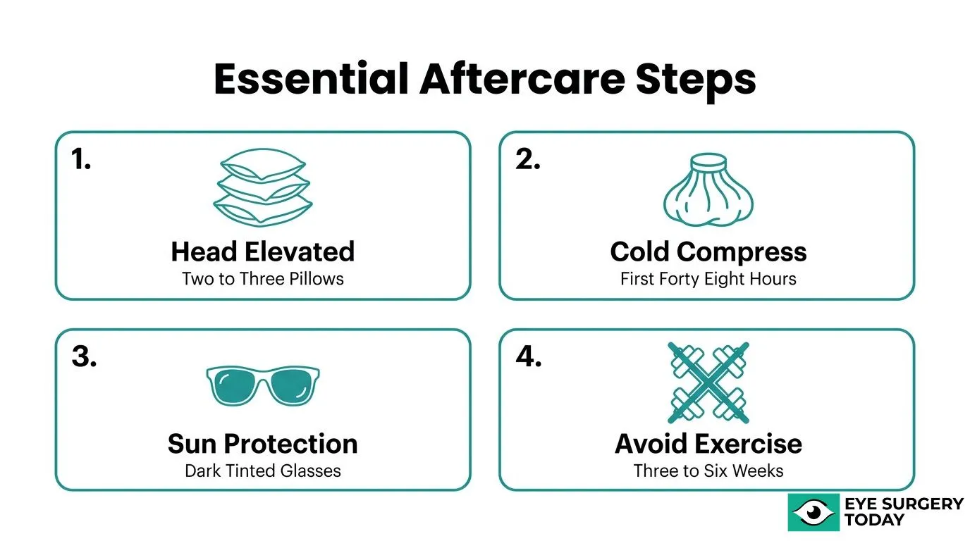 Essential aftercare steps after cosmetic eye surgery, including sleeping with the head elevated, using cold compresses, wearing sun protection, and avoiding exercise during recovery.