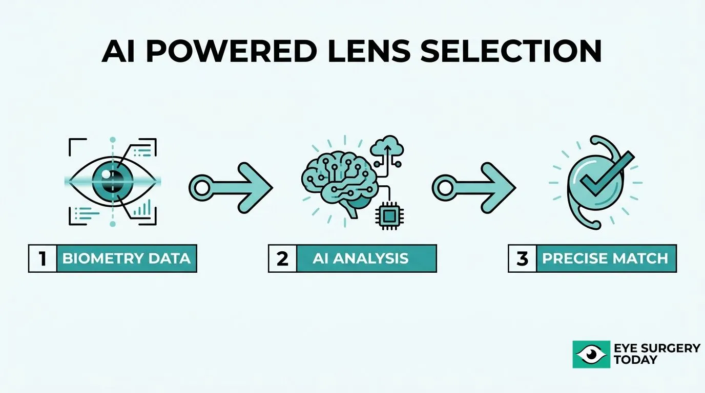AI-powered lens selection workflow using biometry data, artificial intelligence analysis, and precise intraocular lens matching.