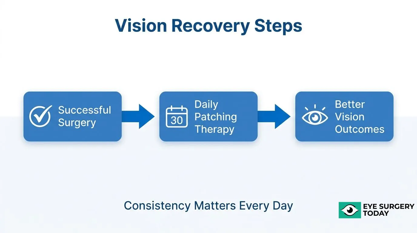 Vision recovery steps after pediatric eye surgery, including successful surgery, daily patching therapy, and improved vision outcomes.