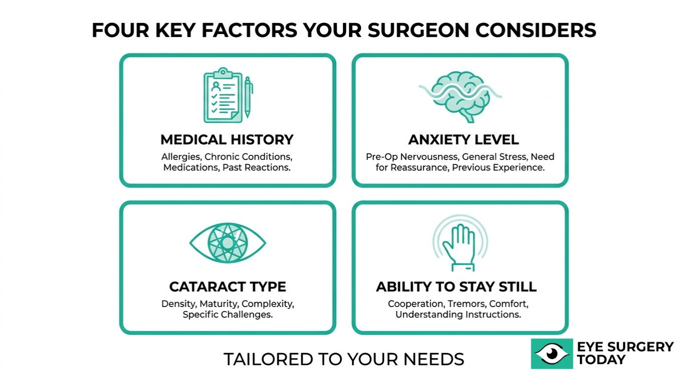 Infographic showing four key factors a surgeon considers before eye surgery anesthesia, including medical history, anxiety level, cataract type, and ability to stay still.