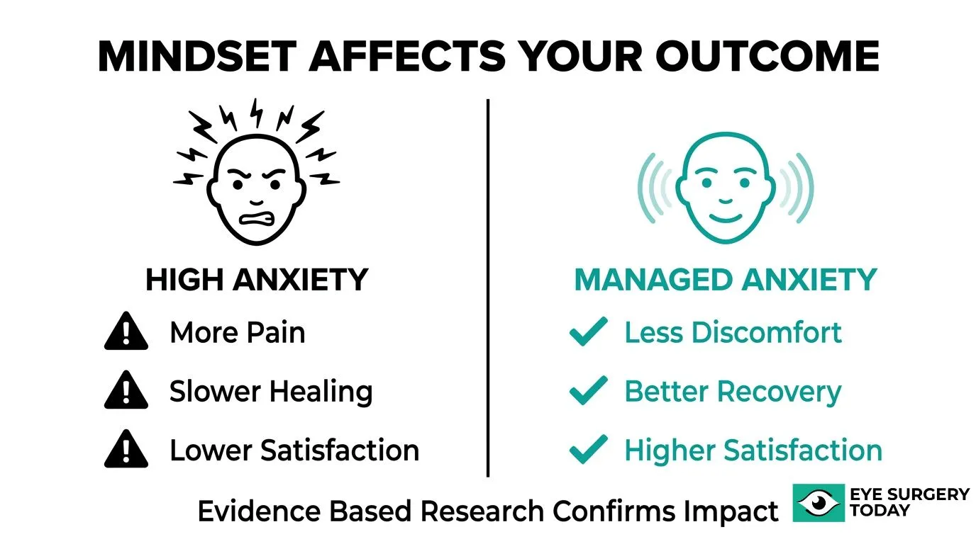 Comparison showing how high anxiety may be associated with more pain, slower healing, and lower satisfaction, while managed anxiety may support greater comfort and recovery after cataract surgery.