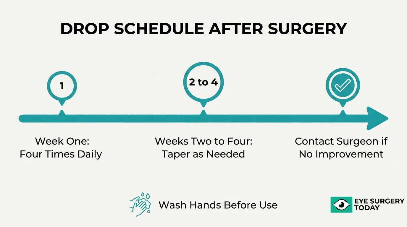 Artificial tear schedule after cataract surgery showing four-times-daily use during week one, tapering during weeks two to four, and contacting the surgeon if symptoms do not improve.