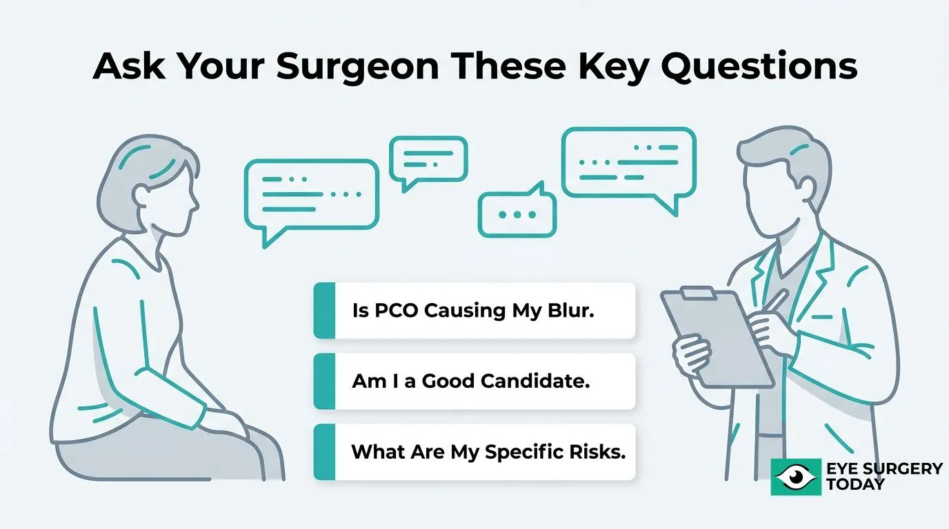 Patient discussing YAG capsulotomy with an eye surgeon and asking about PCO, candidacy, and individual treatment risks.