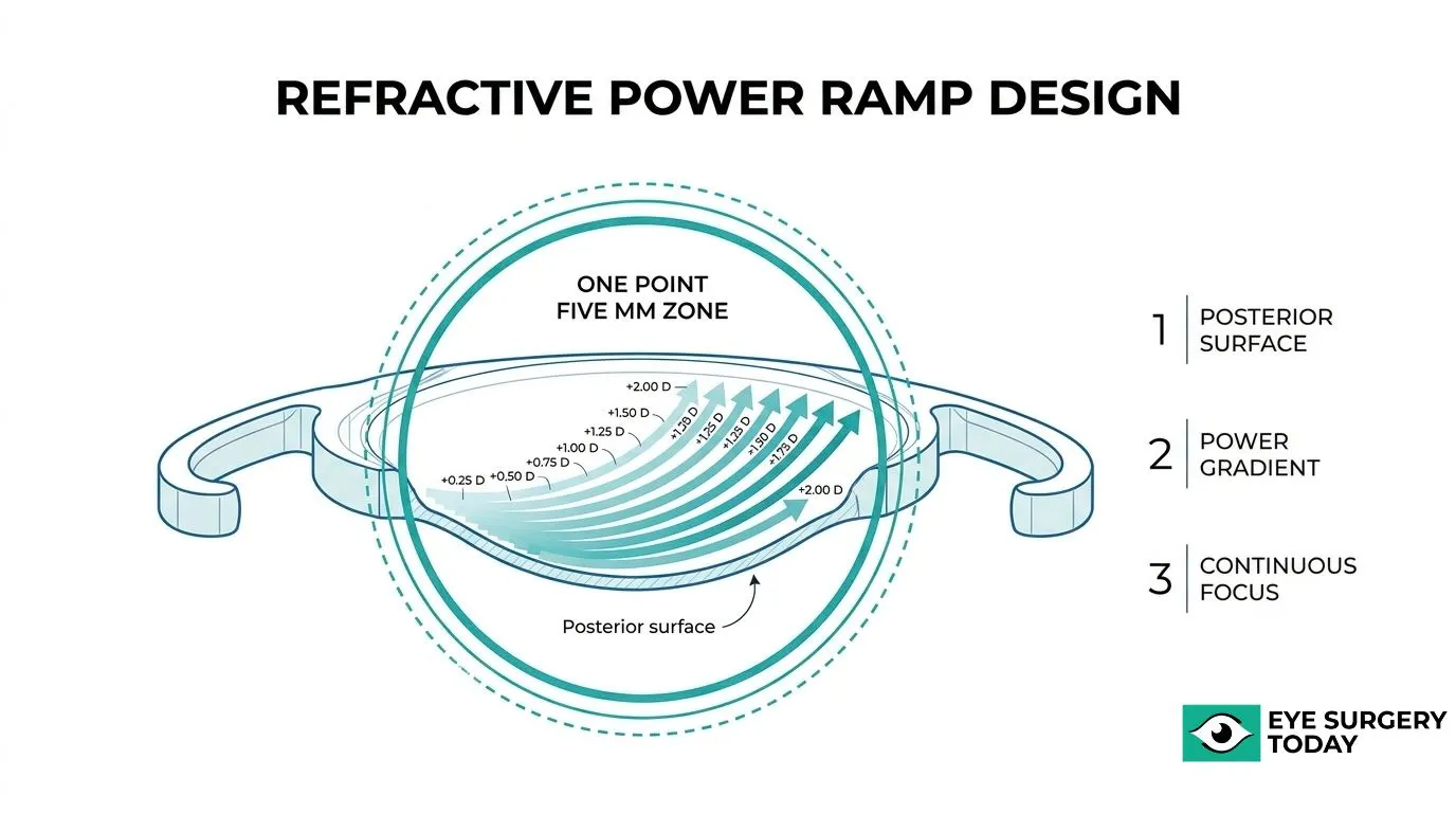 enVista Aspire refractive power ramp design showing posterior surface power gradient and continuous focus mechanism