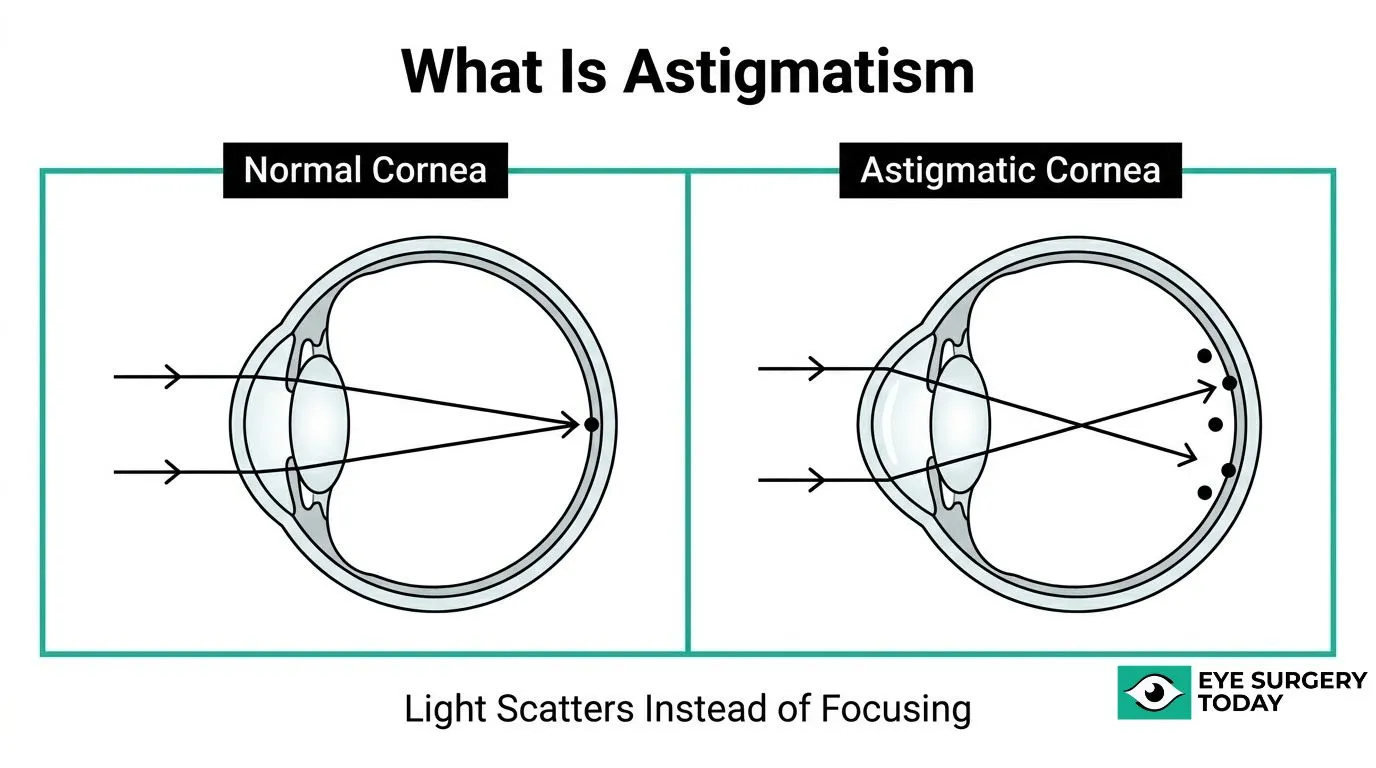 Astigmatism diagram comparing normal and astigmatic corneas and how light focuses differently on the retina