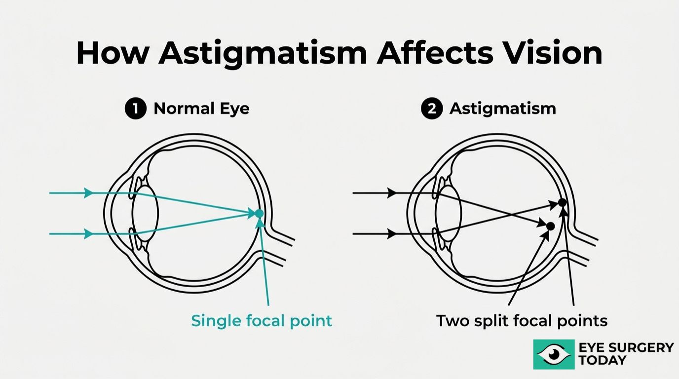 Astigmatism vision diagram comparing a normal eye with a single focal point and an astigmatic eye with split focal points.