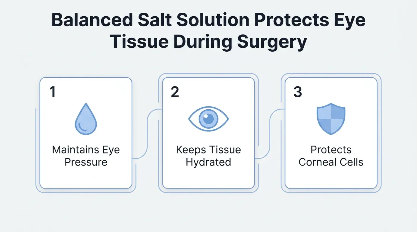 Balanced salt solution in eye surgery helps maintain eye pressure, keep tissues hydrated, and protect corneal cells during procedures.