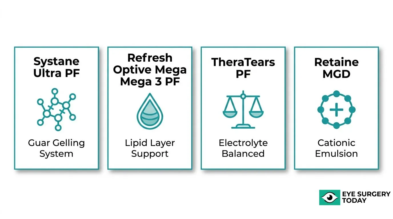 Comparison of artificial tear options including Systane Ultra PF, Refresh Optive Mega-3 PF, TheraTears PF, and Retaine MGD.