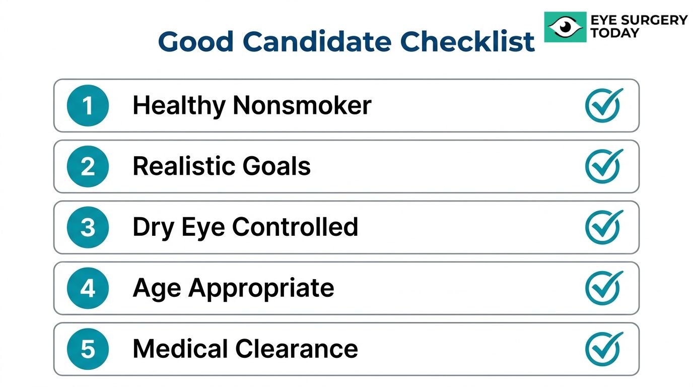 Blepharoplasty candidate checklist showing healthy nonsmoker, realistic goals, controlled dry eye, appropriate age, and medical clearance.