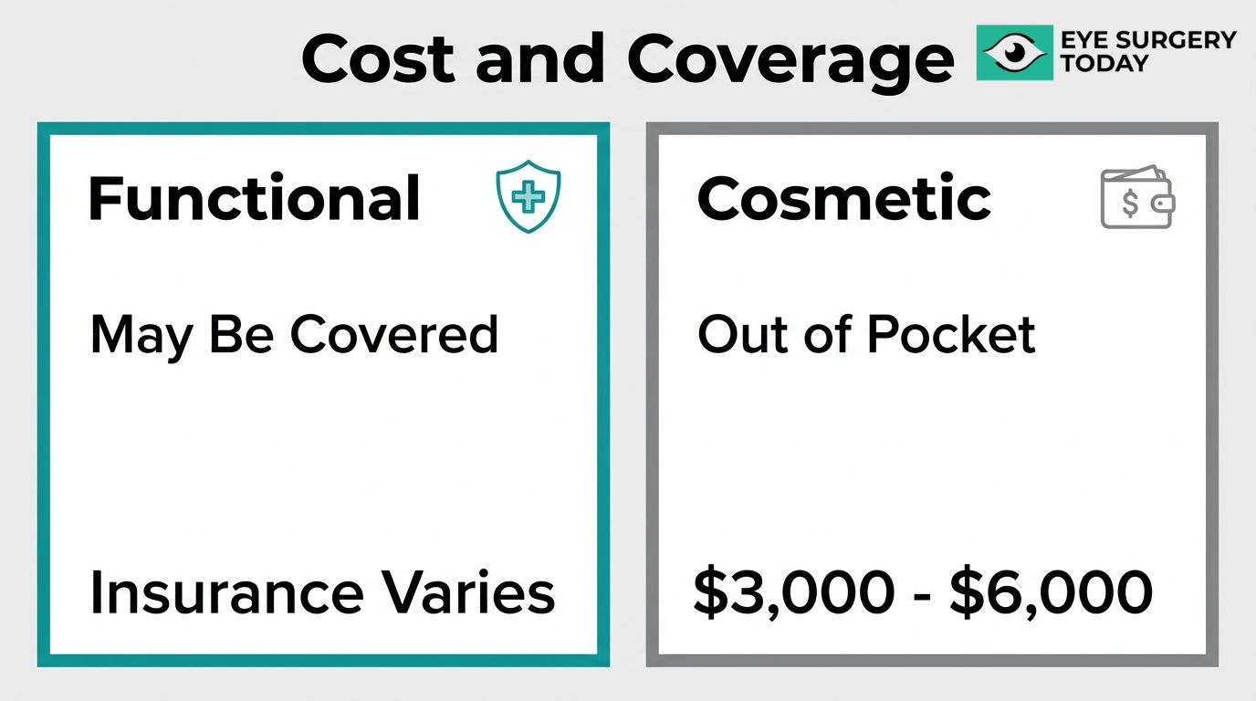 Blepharoplasty cost and coverage graphic showing functional surgery may be covered and cosmetic surgery is typically out of pocket.