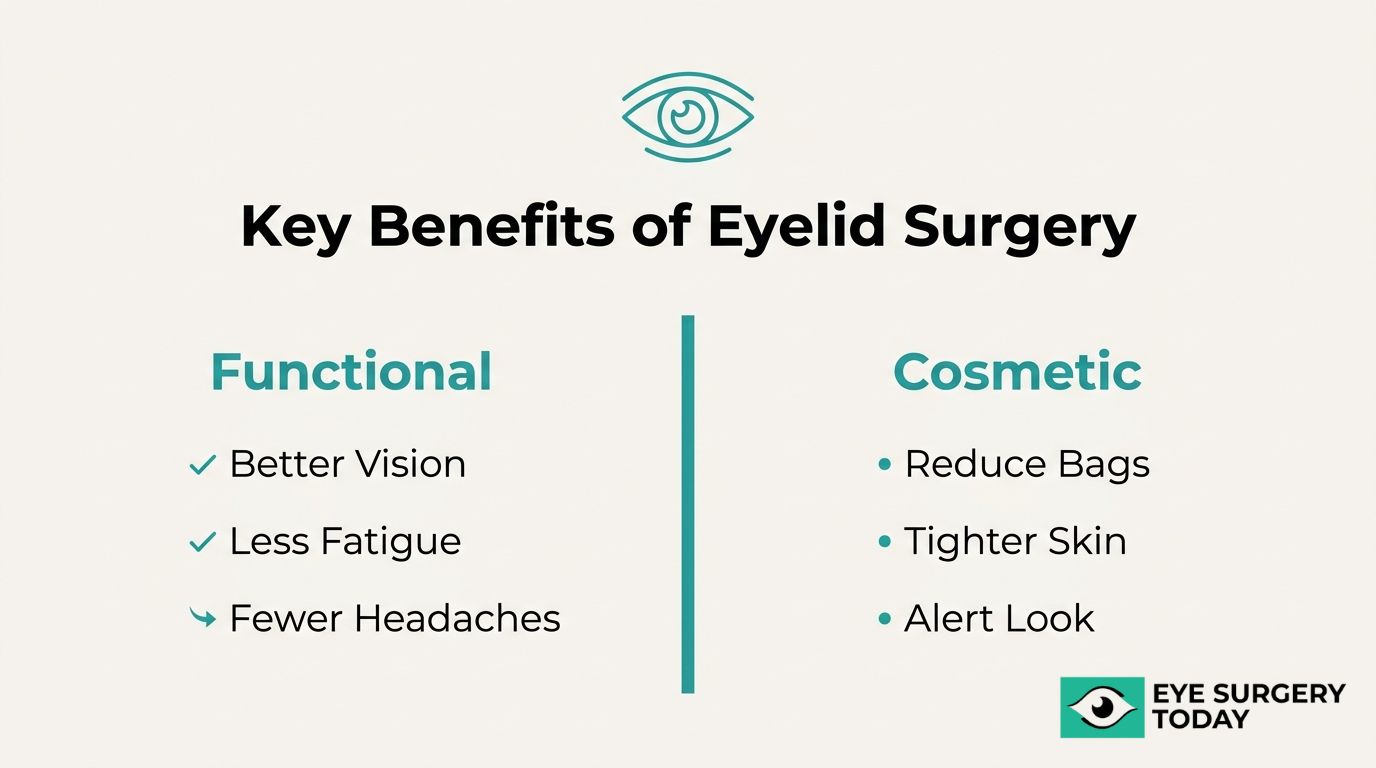 Key benefits of eyelid surgery graphic comparing functional benefits and cosmetic improvements.