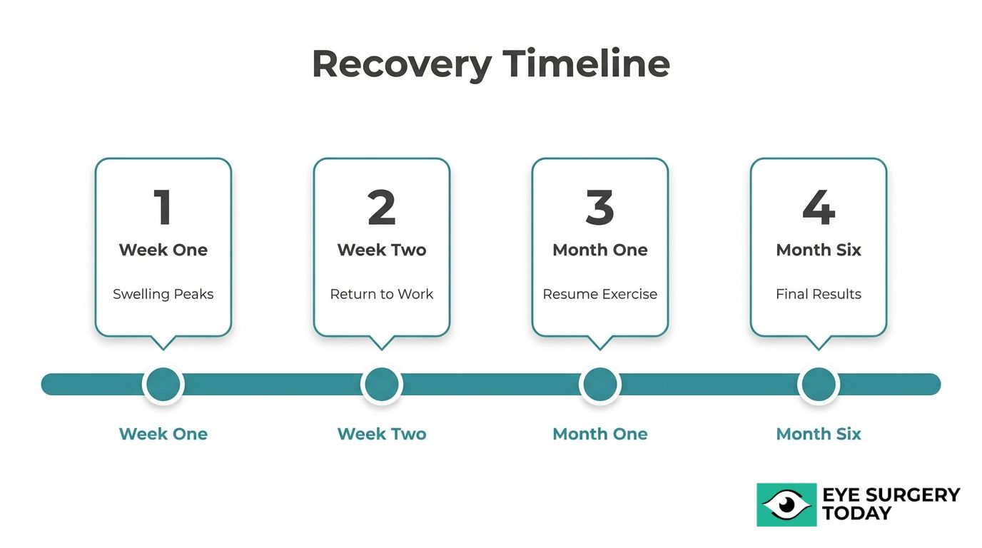 Eyelid surgery recovery timeline showing swelling peak, return to work, resume exercise, and final results.