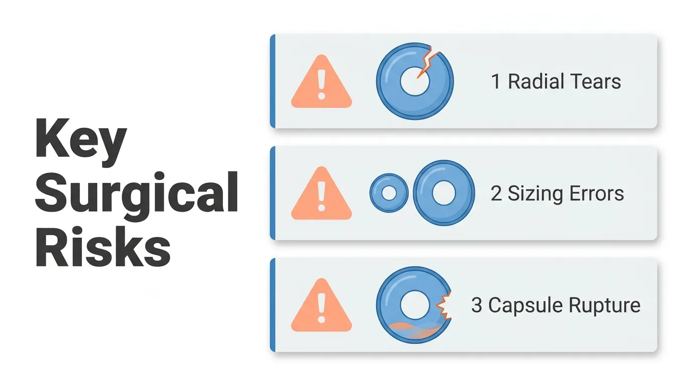 Key capsulorhexis surgical risks include radial tears, incorrect opening size, and capsule rupture.