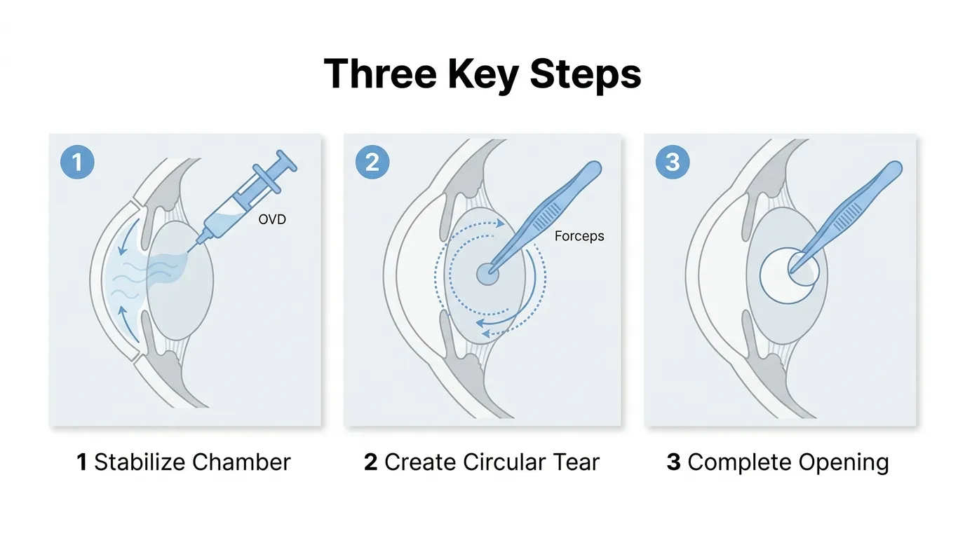 Three steps of capsulorhexis: stabilize the anterior chamber, create a circular tear with forceps, and complete the capsule opening.