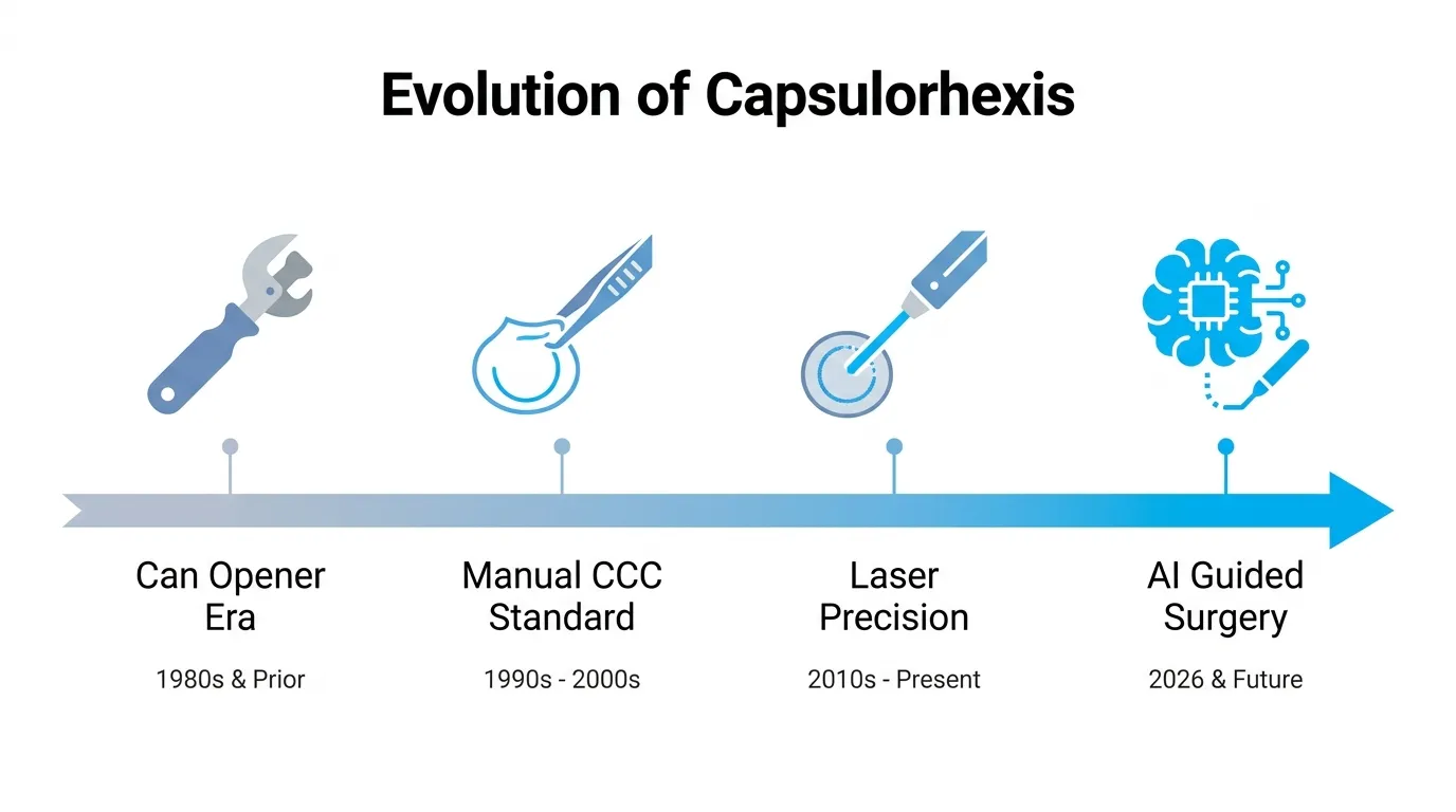 Timeline showing the evolution of capsulorhexis from can-opener techniques to manual CCC, laser-assisted precision, and AI-guided surgery.