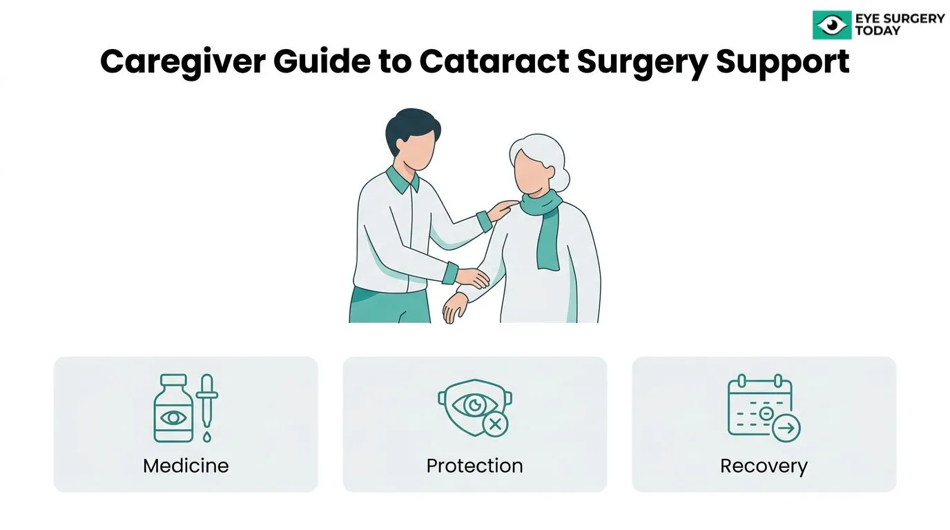 Caregiver guide to cataract surgery support covering medication, eye protection, and recovery assistance.