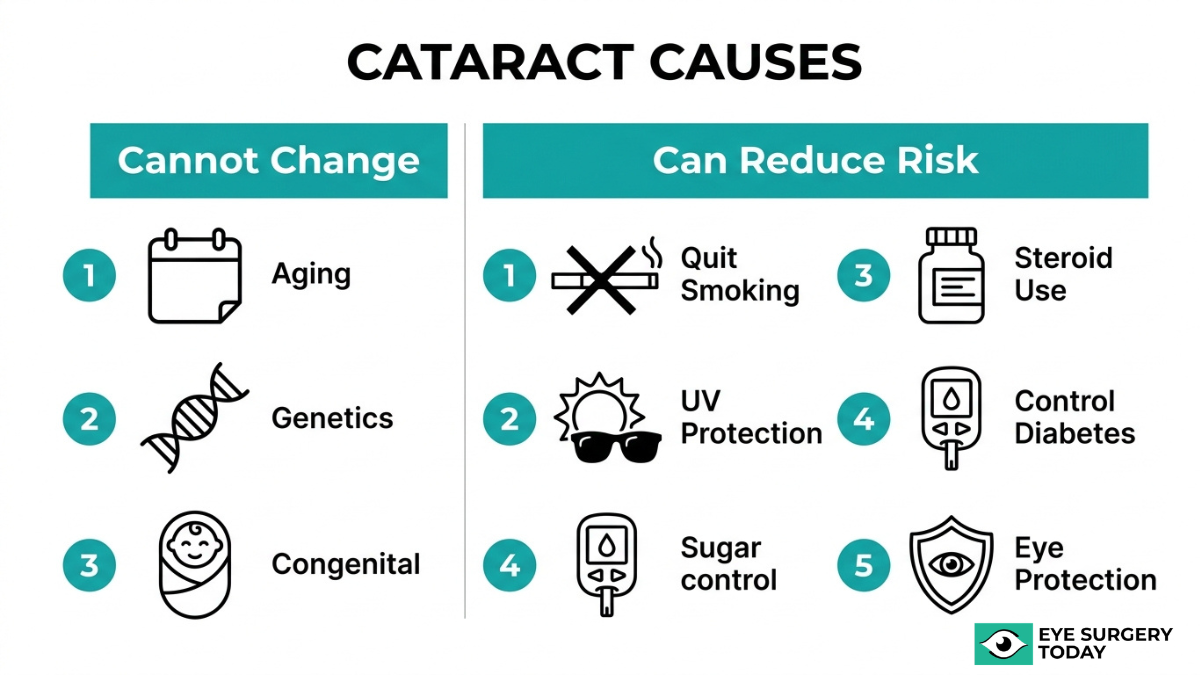 Cataract causes chart showing aging, genetics, congenital factors and risk reduction methods like UV protection, quitting smoking, and diabetes control