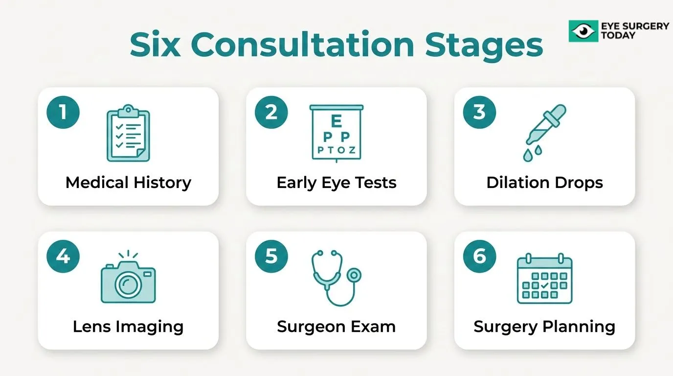 Six stages of a cataract consultation workflow including medical history, eye tests, dilation, lens imaging, surgeon exam, and surgery planning.