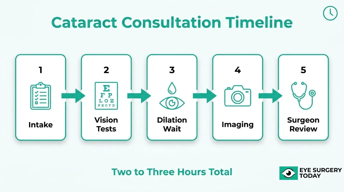 Cataract consultation timeline showing intake, vision tests, dilation, imaging, and surgeon review steps.