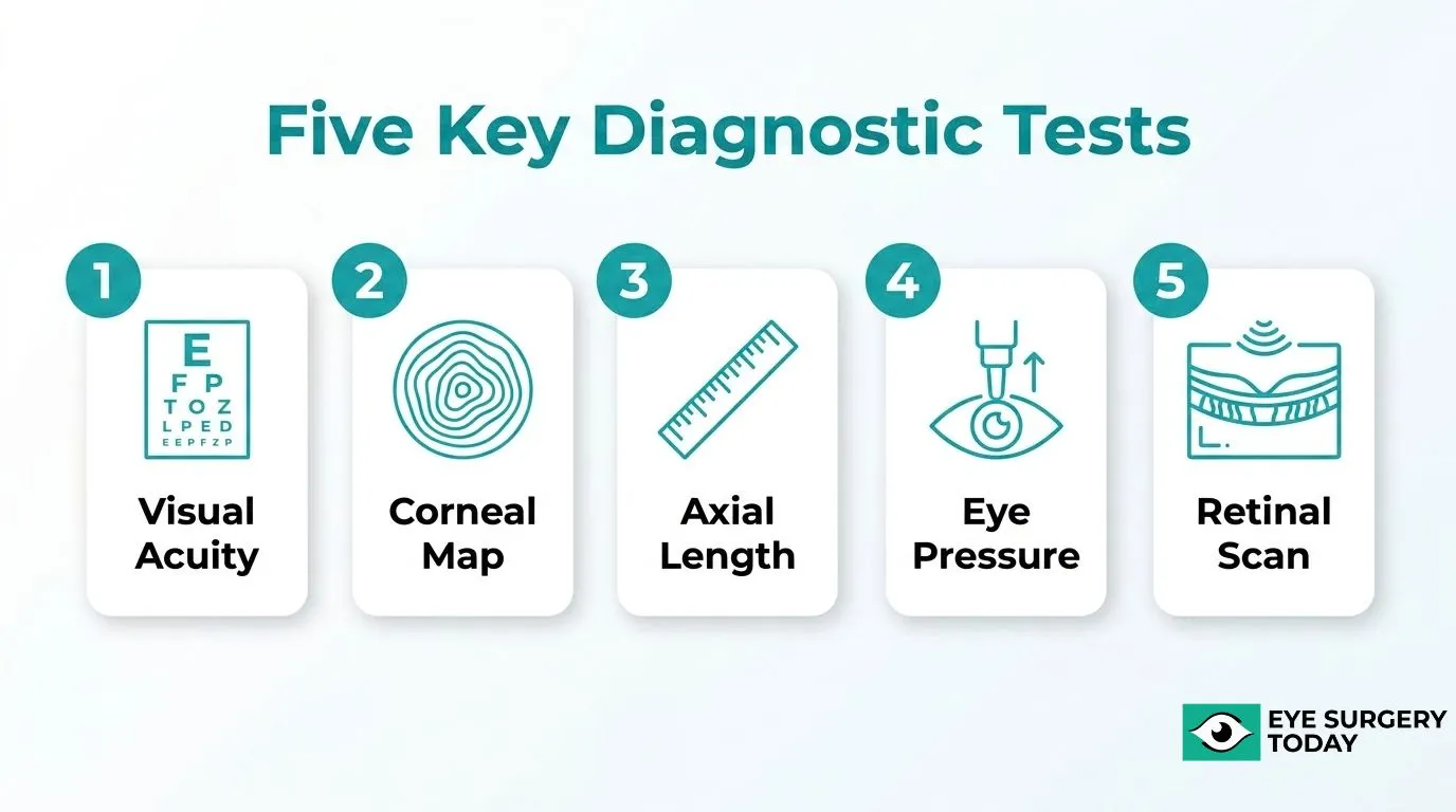 Cataract diagnostic tests infographic showing visual acuity, corneal mapping, axial length measurement, eye pressure testing, and retinal scans.