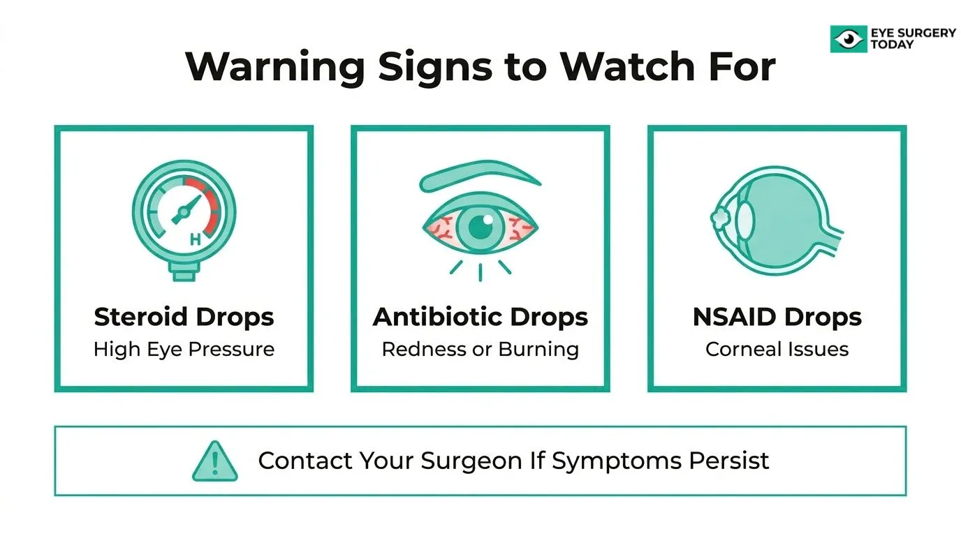 Warning signs of cataract eye drop side effects, including high eye pressure from steroid drops, redness or burning from antibiotic drops, and corneal issues from NSAID drops