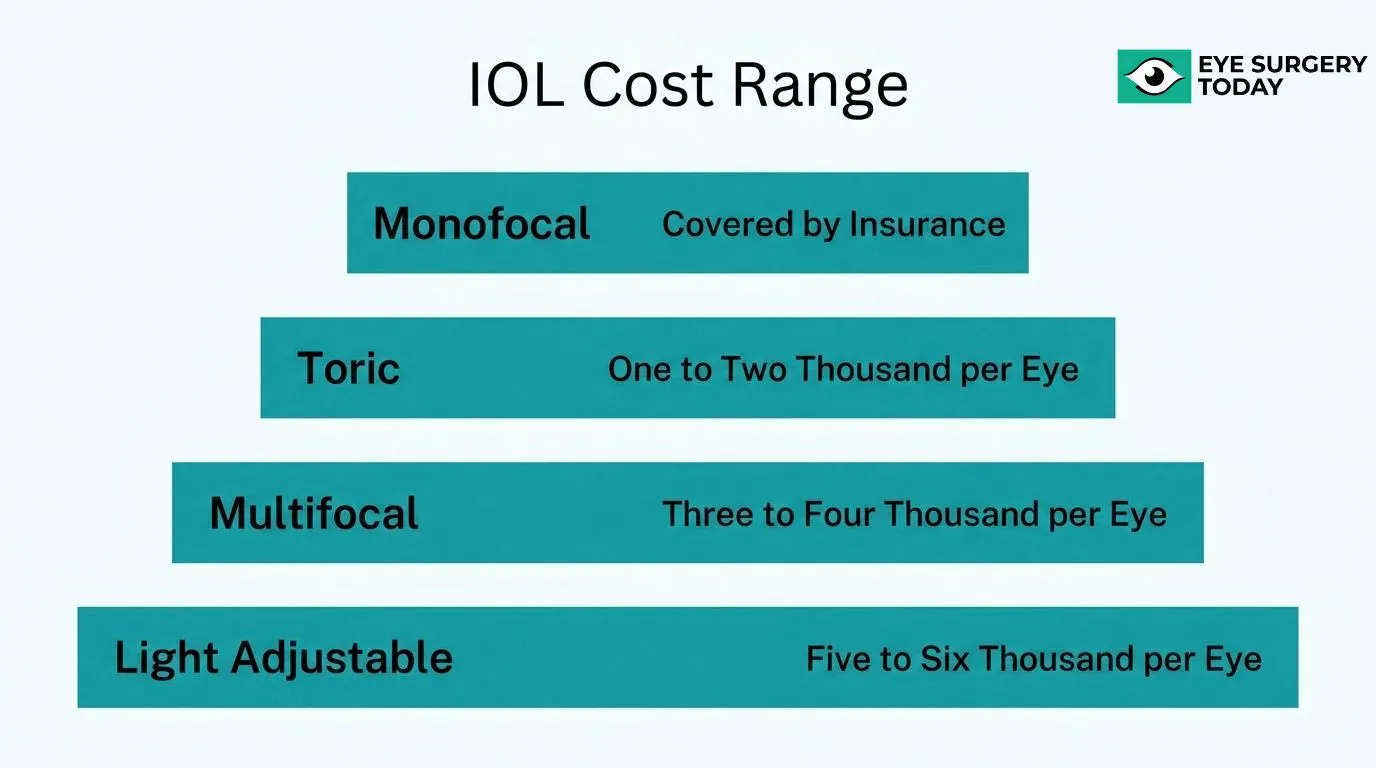 Cataract IOL cost comparison chart showing price ranges for monofocal, toric, multifocal, and light adjustable lenses.