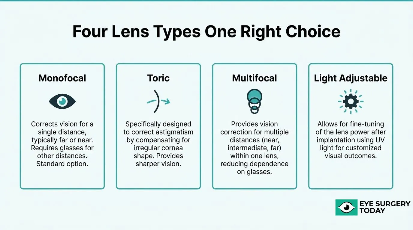 Comparison of four cataract lens options: monofocal, toric, multifocal, and light adjustable lenses with their vision correction benefits.