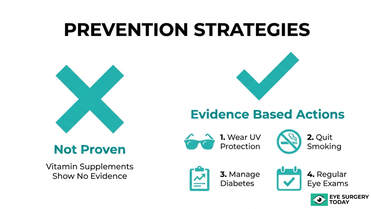 Cataract prevention strategies infographic showing evidence-based actions like UV protection, quitting smoking, managing diabetes, and regular eye exams