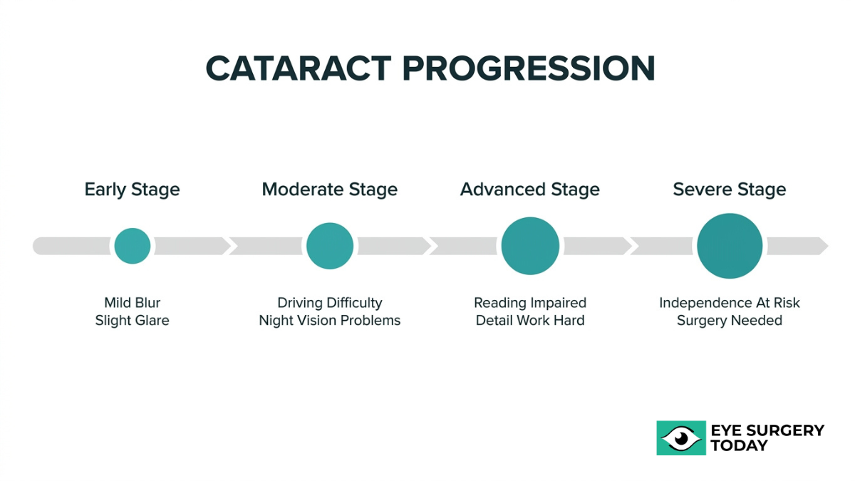 Cataract progression stages from early to severe showing symptoms like mild blur, night vision problems, reading difficulty, and need for surgery