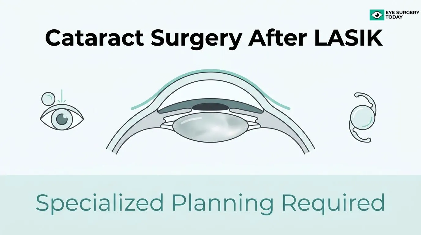 Illustration showing cataract surgery after LASIK and the need for specialized planning due to changes in the cornea