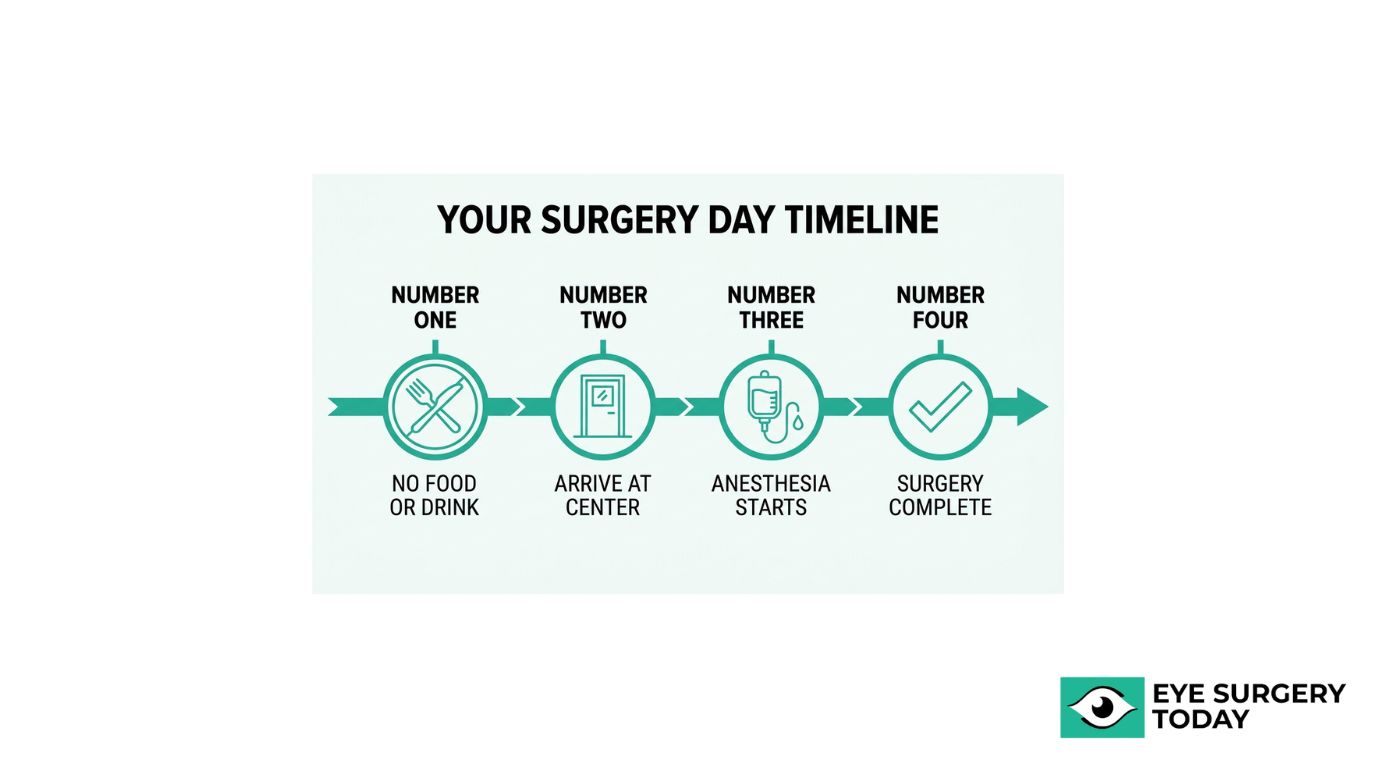Surgery day timeline infographic showing steps from no food or drink to arriving at the center, starting anesthesia, and completing surgery.